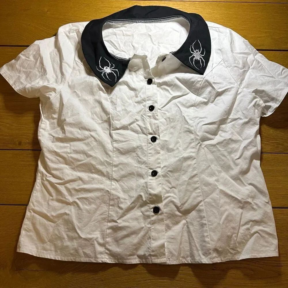 Romwe white button up black color spider goth blouse large